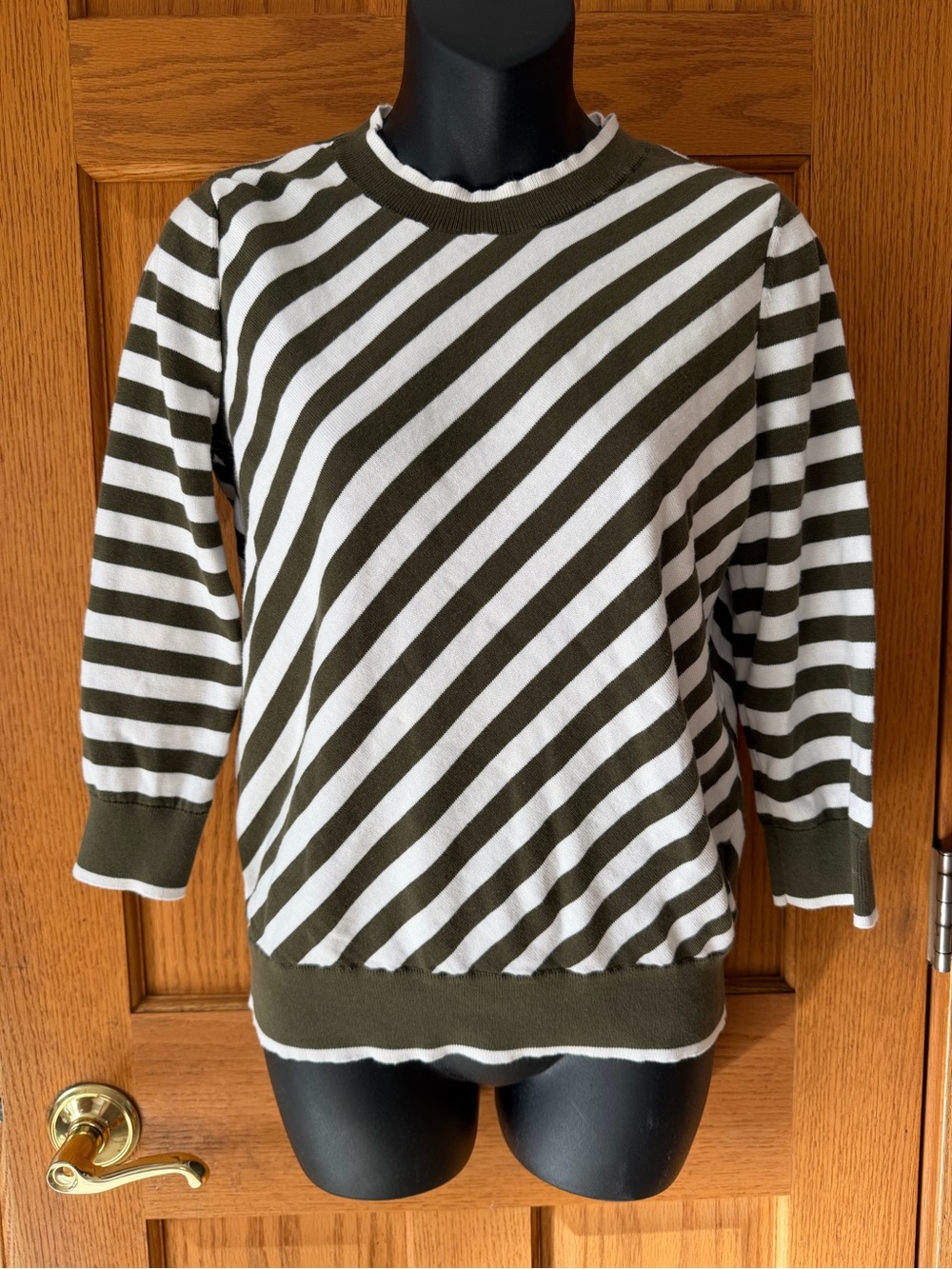 Tommy Hilfiger Olive, White & Red Trim Striped Knit Top